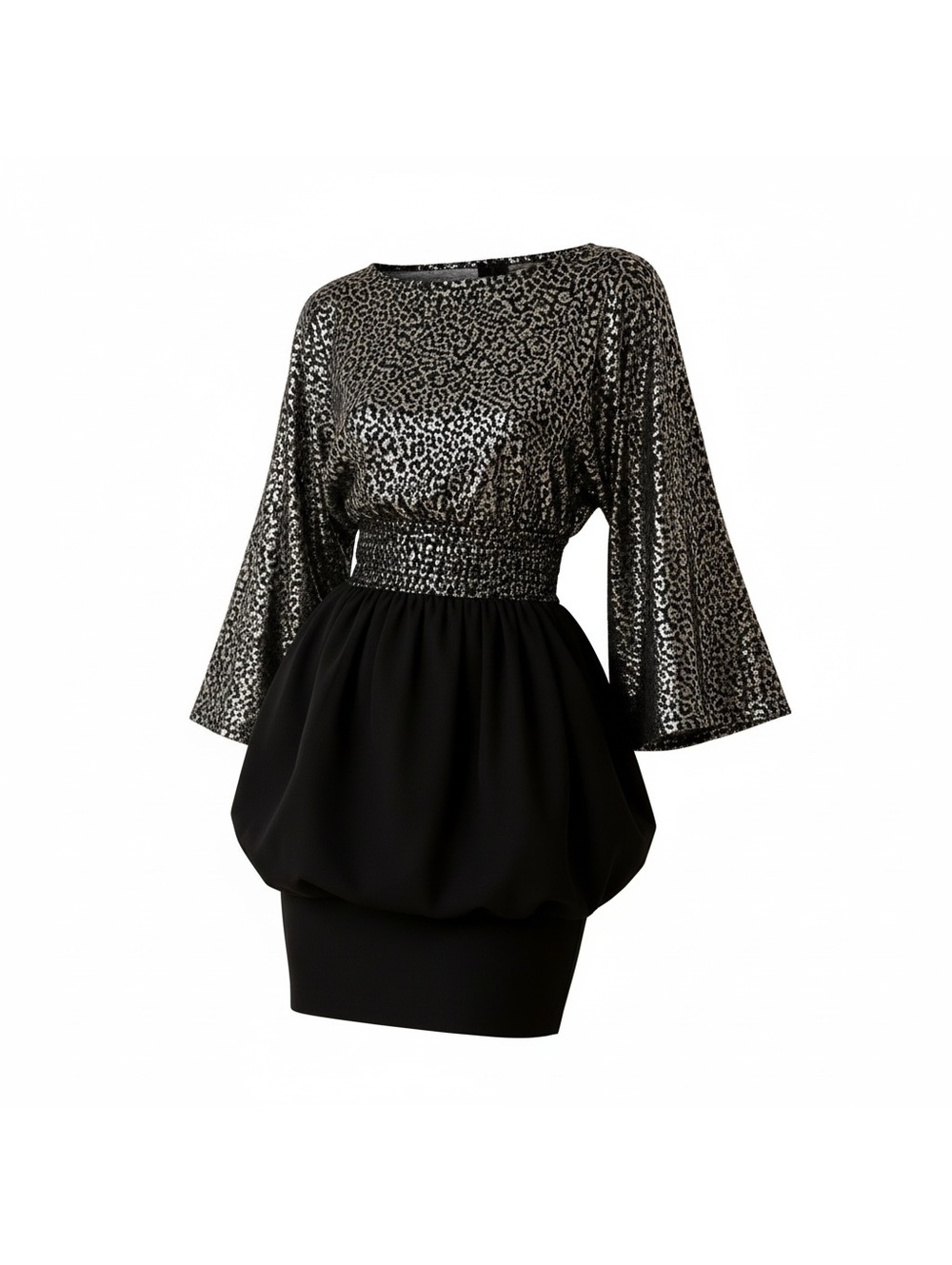Black & Silver Leopard Sequin Peplum Mini Dress